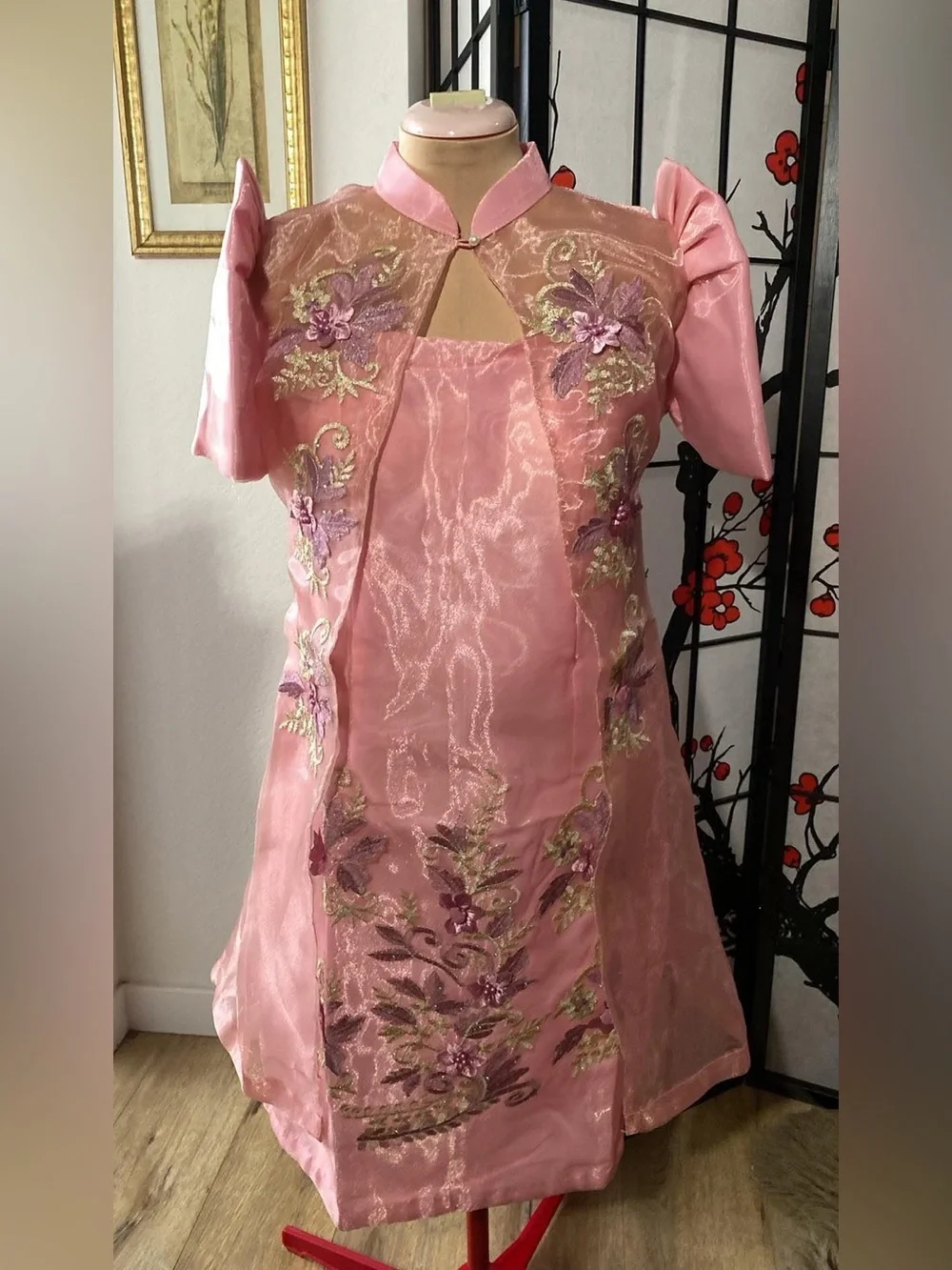 Filipiniana Organza Pink Dress Combination of Patching and Embroidery Floral Set